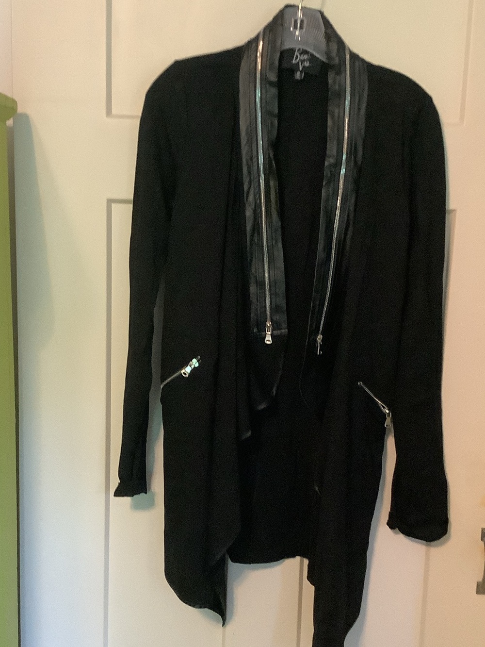bebe Black Open-Front Draped Jacket with Zip Trim